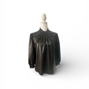 INC International Concepts Black Faux Leather Smocked Neck Blouse Large